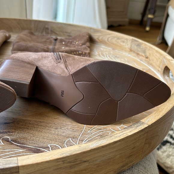 Tan  Suede Embellished Knee-High Boots - Picture 4 of 16